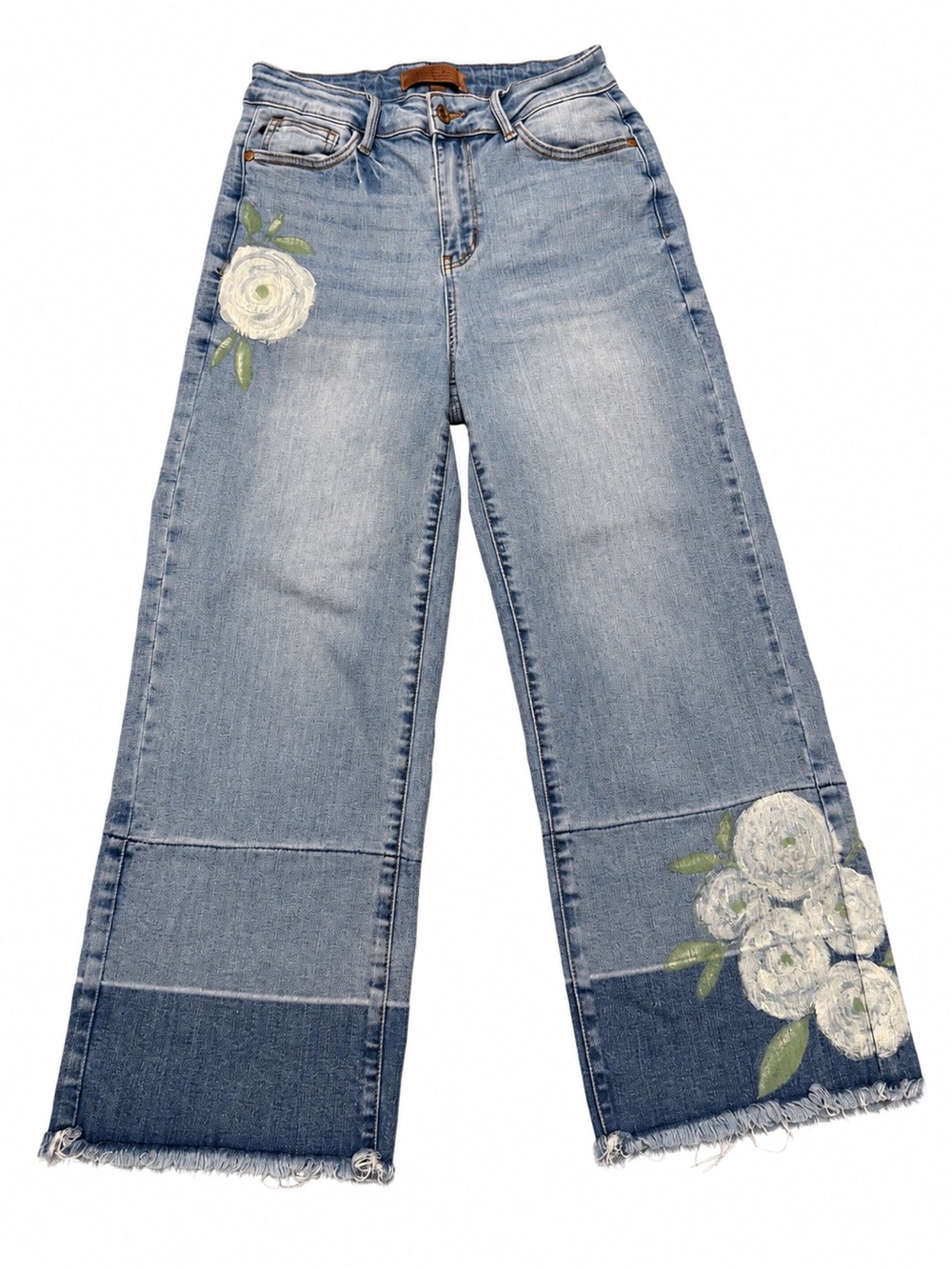 Judy Blue 5/27 High Rise Wide Leg Crop Jeans Floral Painted Raw Hem